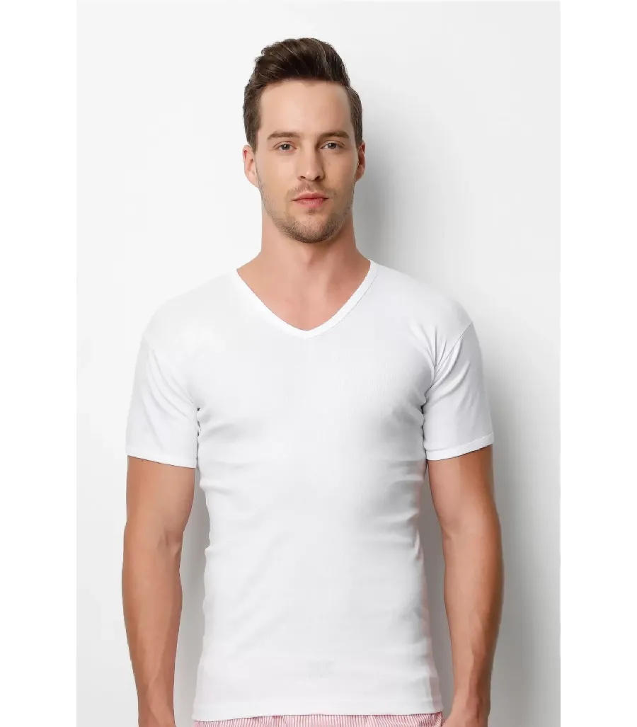 Toptan Özlem Donex Donex V Yaka Slim Fit T-Shirt Beyaz