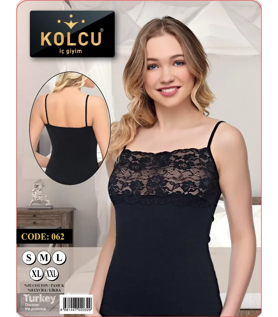 Kolcu ip Askılı Geniş Dantelli Likralı Kadın Atlet