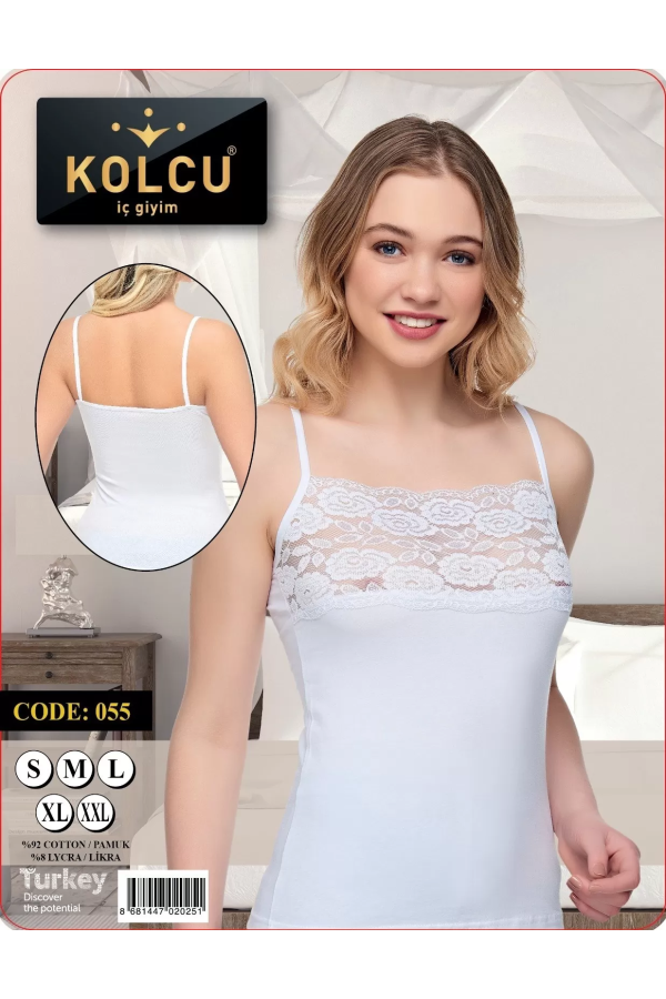 Kolcu ip Askılı Geniş Dantelli Likralı Kadın Atlet Beyaz