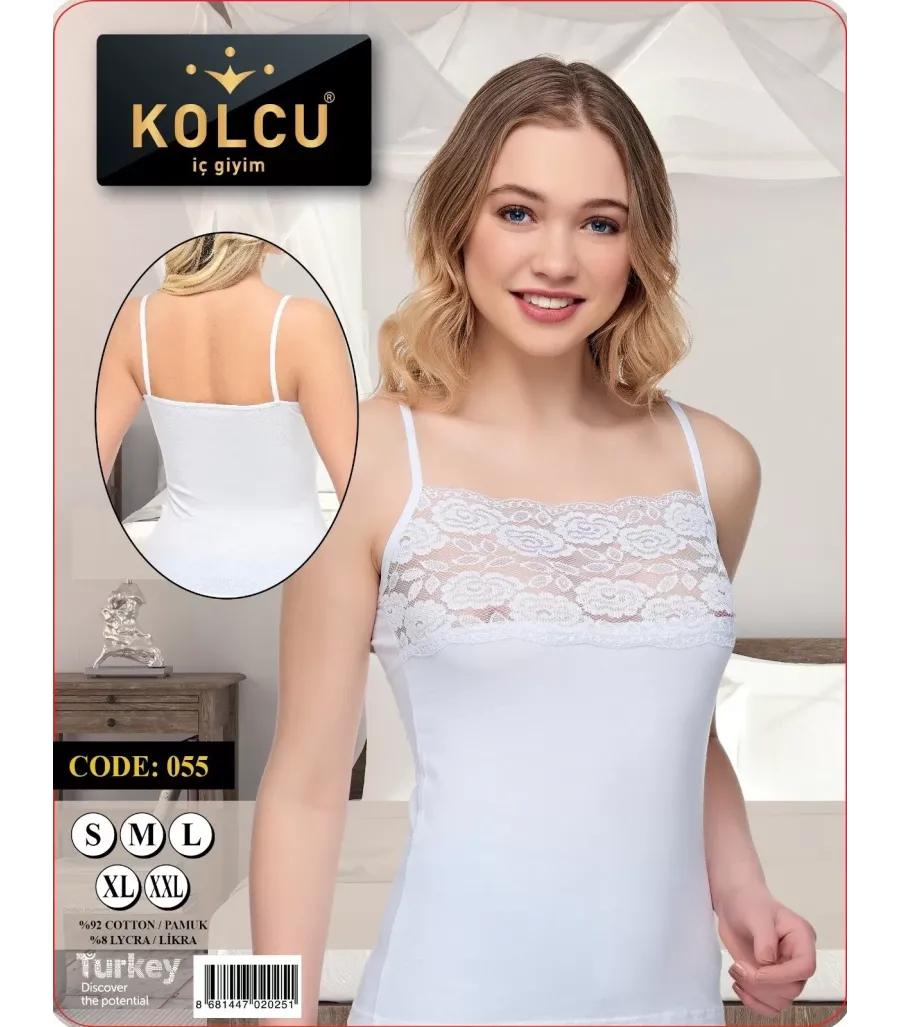 Kolcu ip Askılı Geniş Dantelli Likralı Kadın Atlet Beyaz