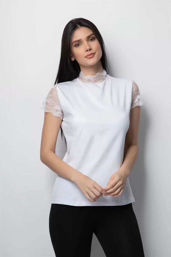 Özlem Donex Kadın Dantelli Boğazlı Body Beyaz