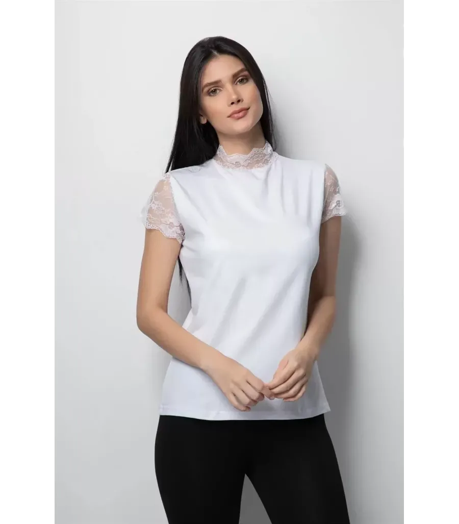 Özlem Donex Kadın Dantelli Boğazlı Body Beyaz