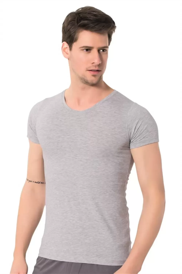 Toptan Özlem Donex Erkek Geniş Yaka Slim Fit T-Shirt Gri