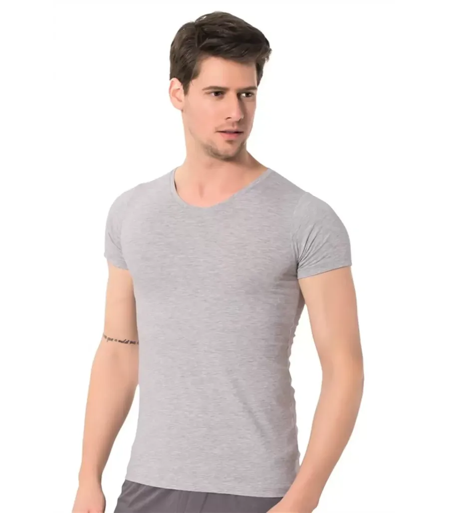 Toptan Özlem Donex Erkek Geniş Yaka Slim Fit T-Shirt Gri