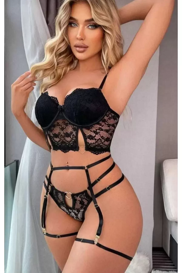 New Dreams 8406 Dantelli Jartiyer Büstiyerli Takım Siyah