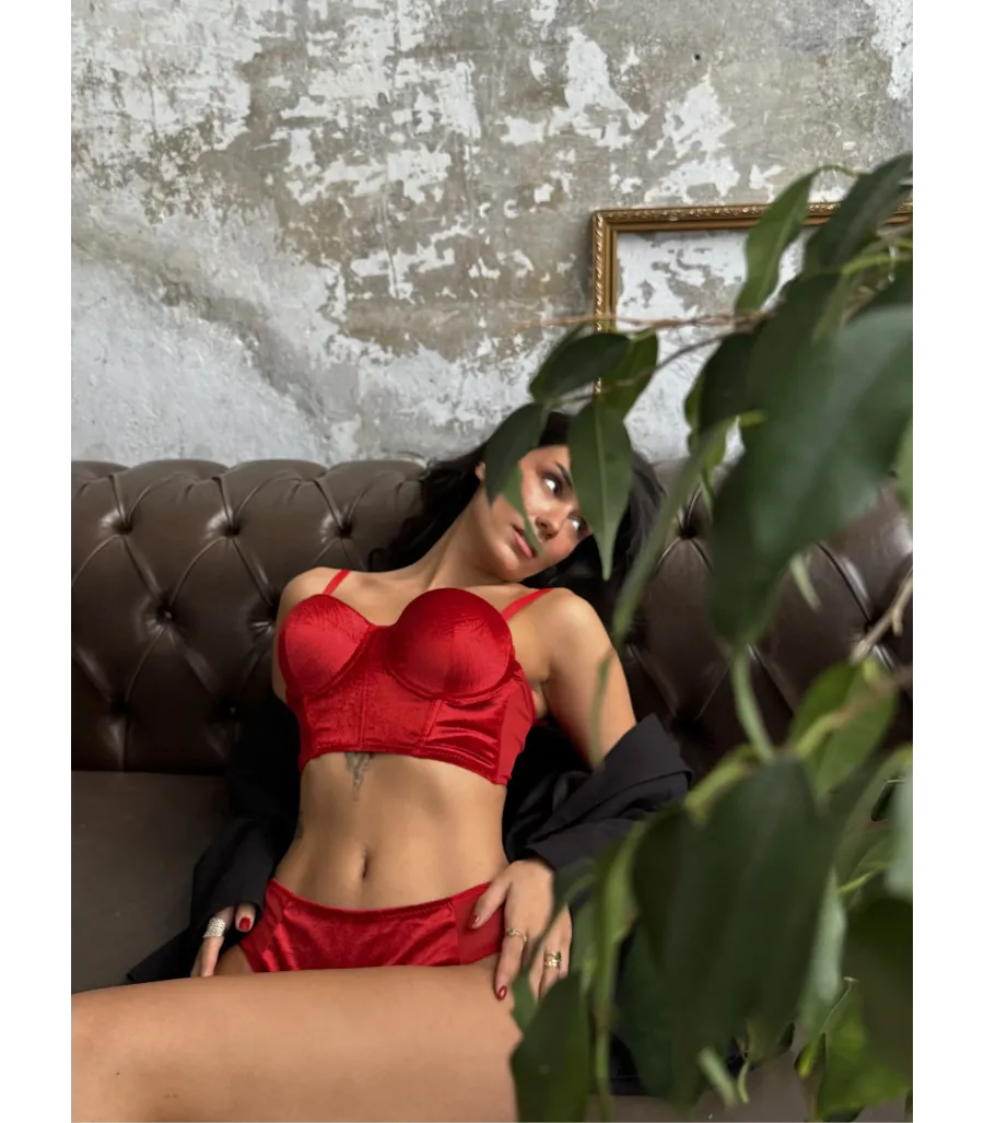 Cansoy Eros Kadife Kırmızı Bustiyer Takım