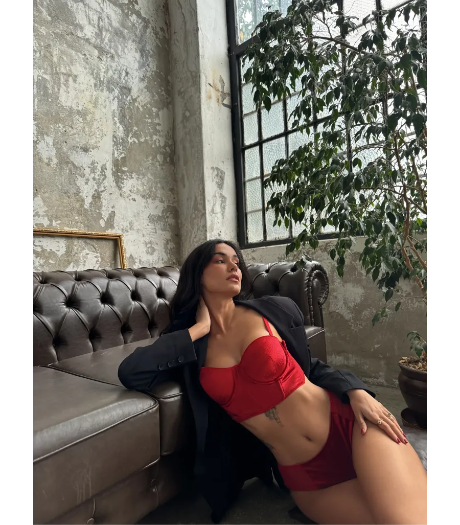 Cansoy Eros Kadife Kırmızı Bustiyer Takım