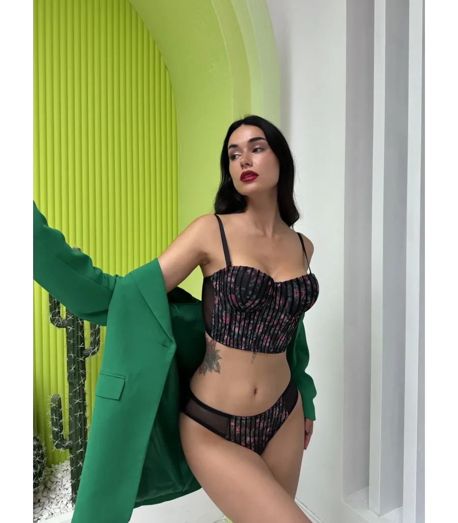 Cansoy Simli Çiçek Desenli Destekli Siyah Bustiyer Takım