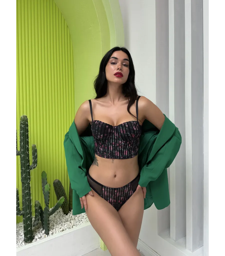 Cansoy Simli Çiçek Desenli Destekli Siyah Bustiyer Takım