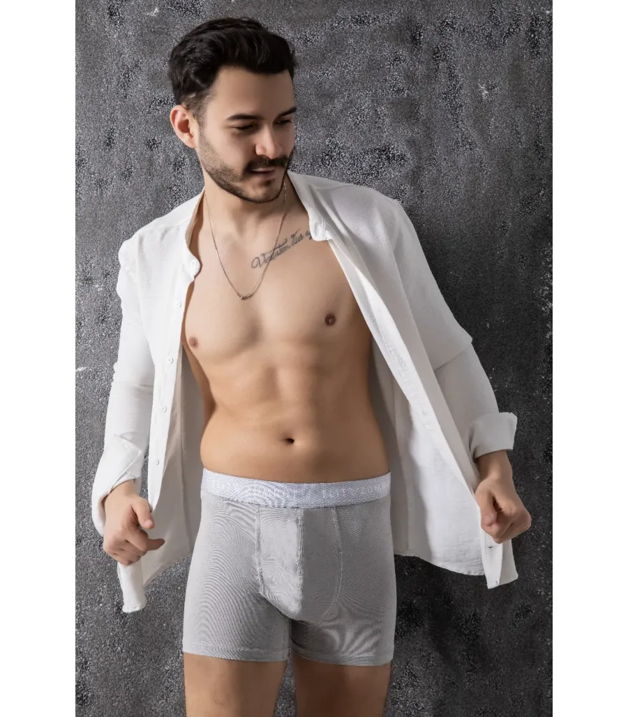 Elit Zümrüt Erkek Pamuklu Likralı Boxer Baklava Lastikli Gri