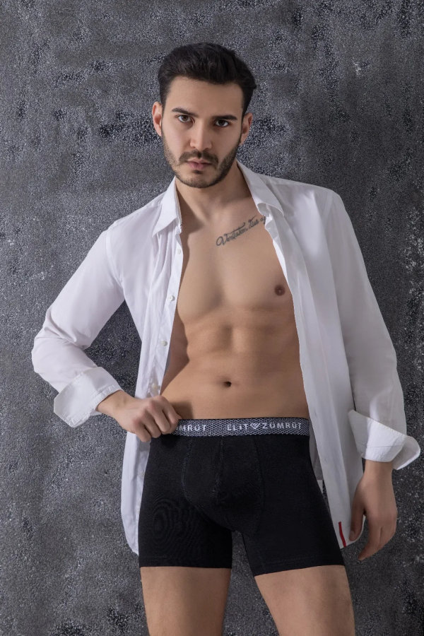 Elit Zümrüt Erkek Baklava Lastikli Likralı Boxer Siyah