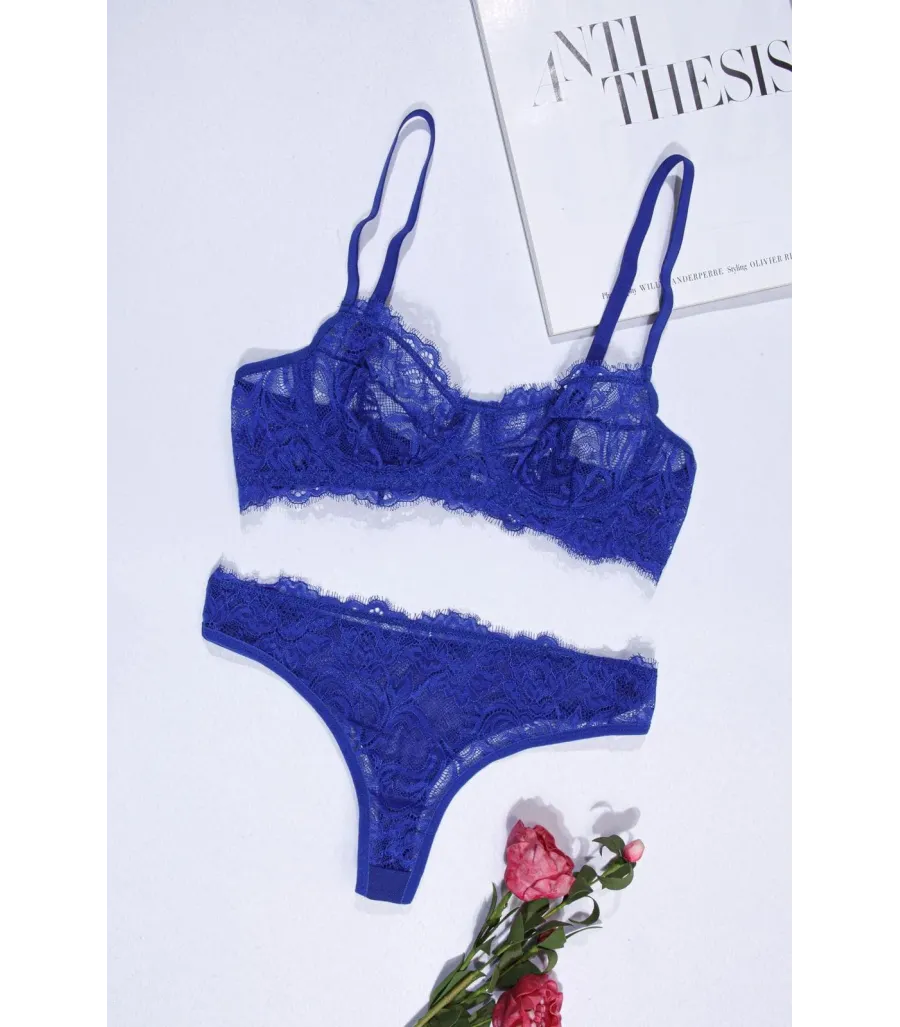 Blue Avcı Dantelli Sütyen Takımı Saks Mavisi