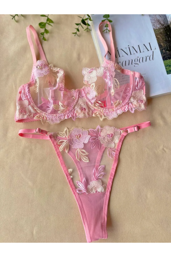 Arona Brode Sütyen Takım Pembe Çiçekli