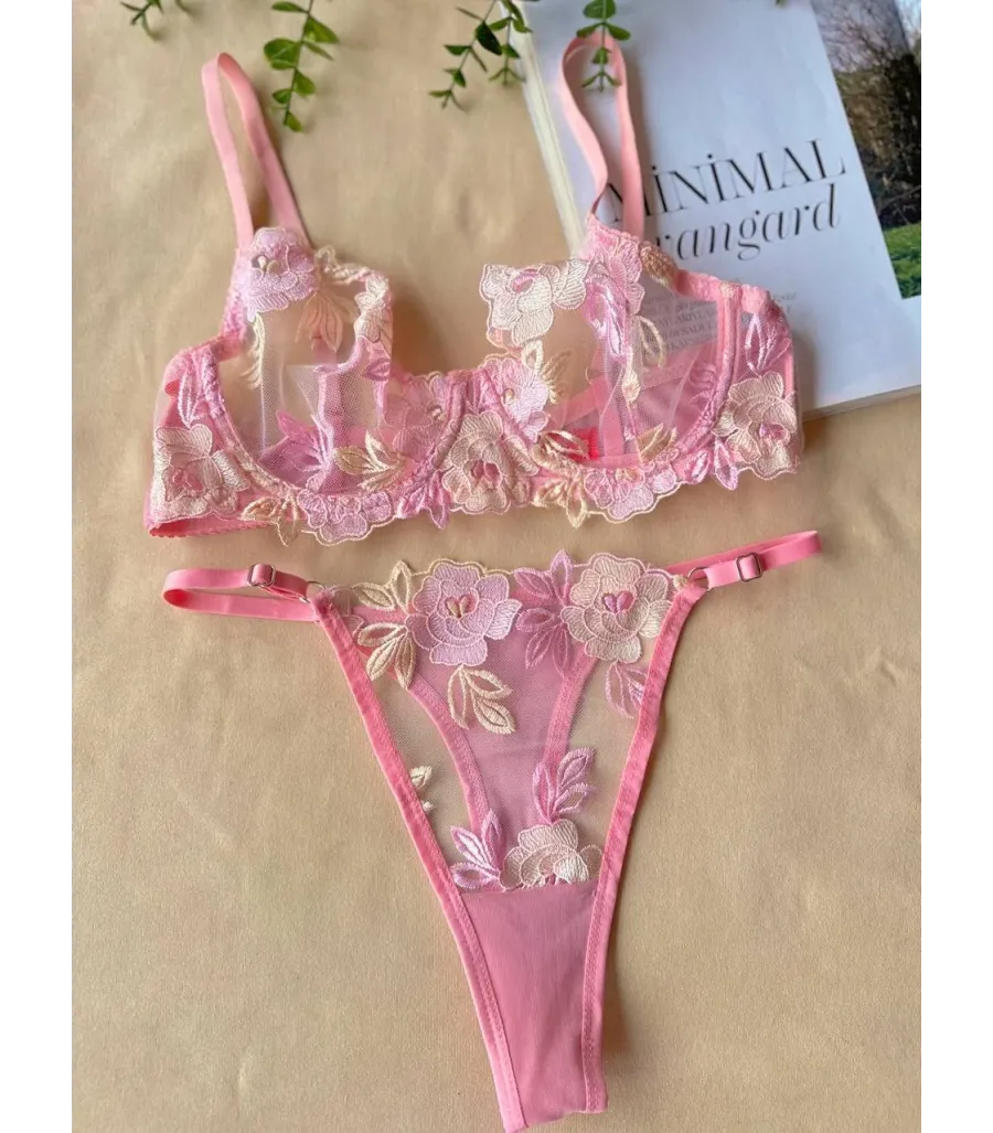 Arona Brode Sütyen Takım Pembe Çiçekli