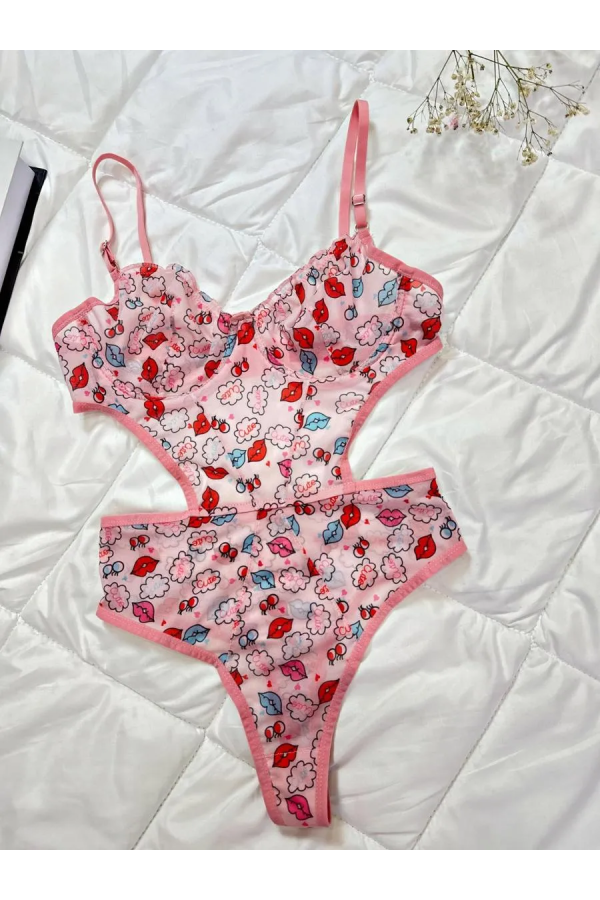 Arona Badysuit Pembe Öpücük Desen