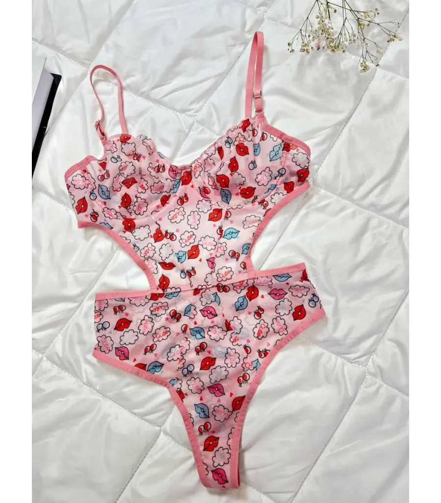 Arona Badysuit Pembe Öpücük Desen