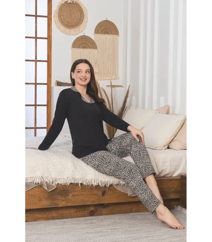 Elit Milan Kumaş Full Likralı Uzun Kol Kadın Pijama Takımı Siyah