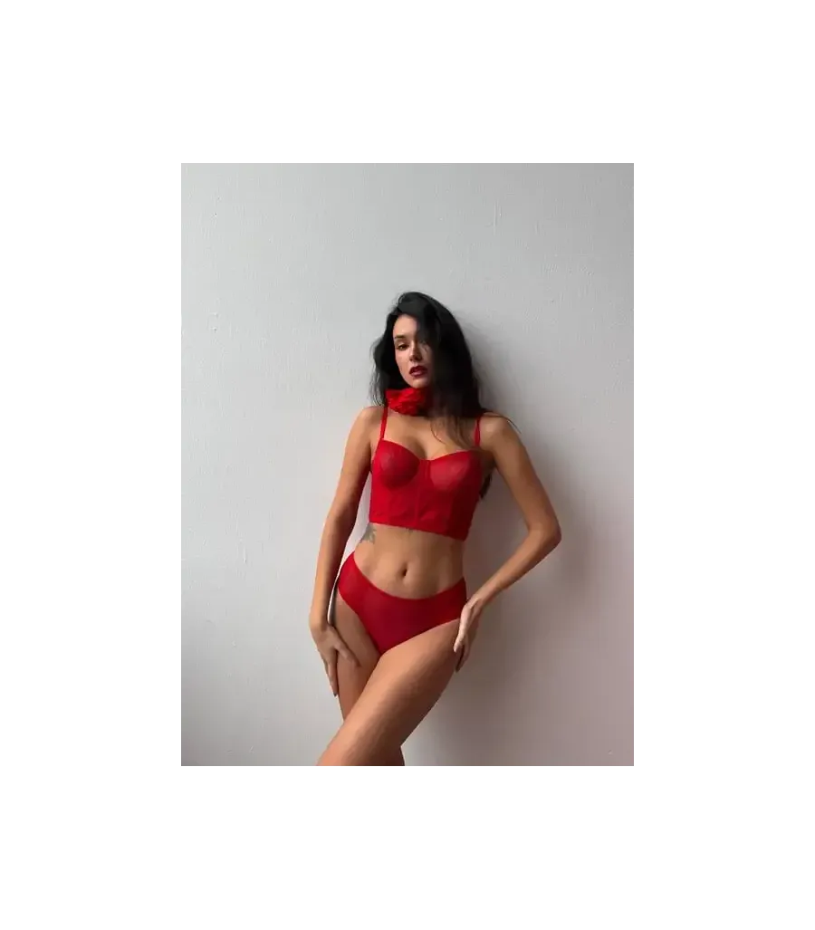 Cansoy Kapsız Simli Kırmızı Bustiyer Takım