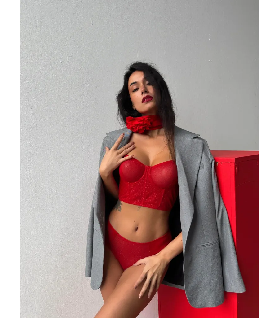 Cansoy Kapsız Simli Kırmızı Bustiyer Takım
