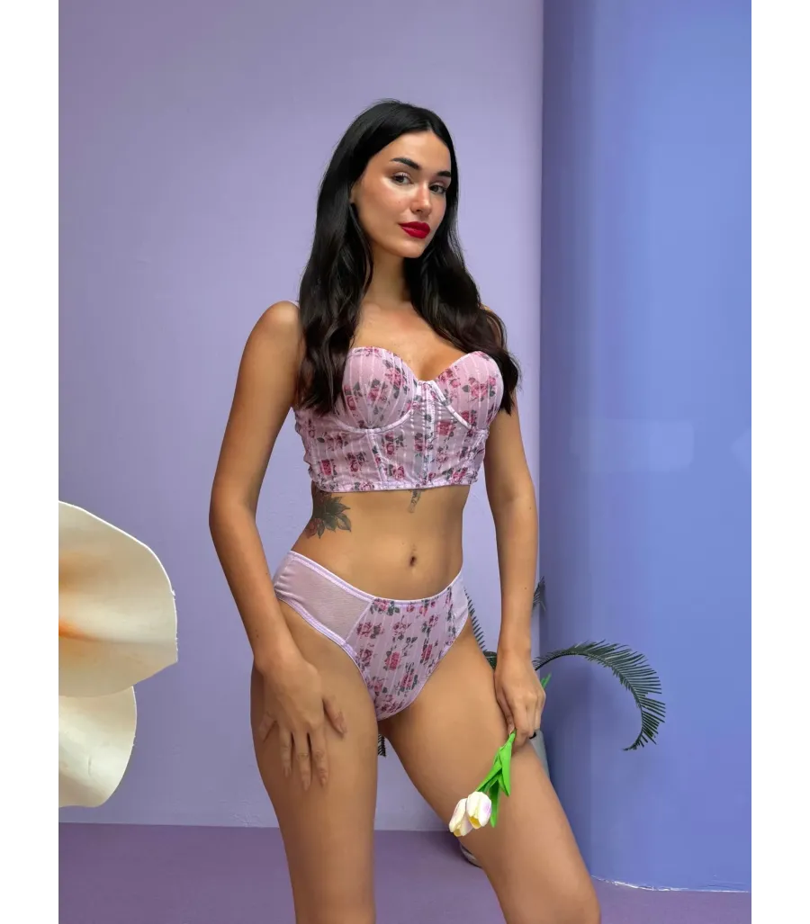 Cansoy Simli Çiçek Desenli Destekli Bustiyer Takım Lila