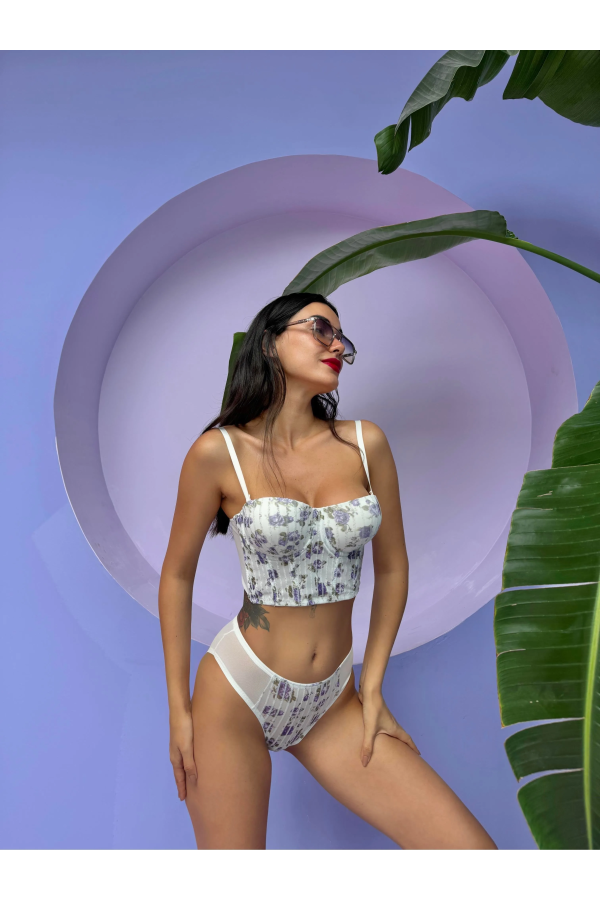 Cansoy Simli Çiçek Desenli Destekli Bustiyer Takım Ekru