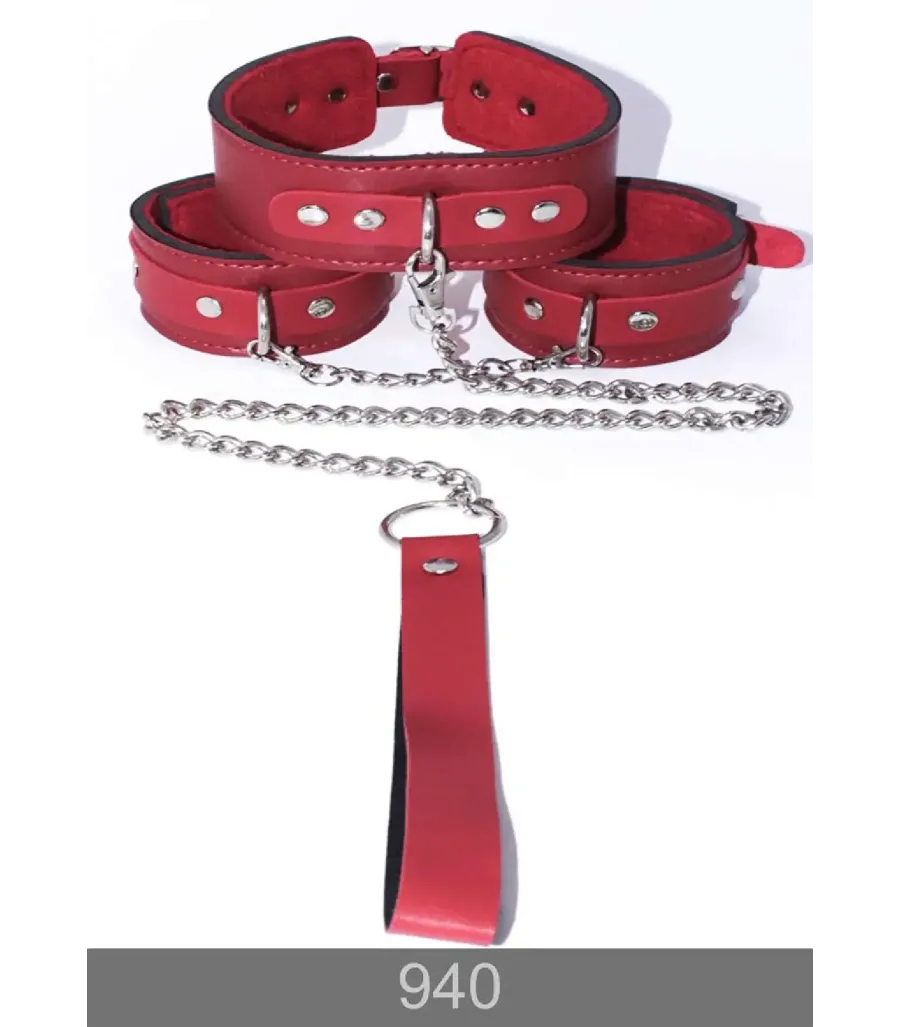 Redsaks İkili Fantezi Set Tasma Kelepçe Kırmızı
