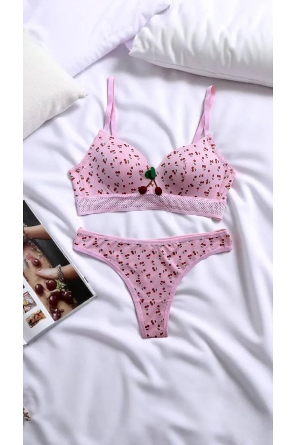 Arona Pembe Kiraz Desenli Desteksiz Sütyen Takımı