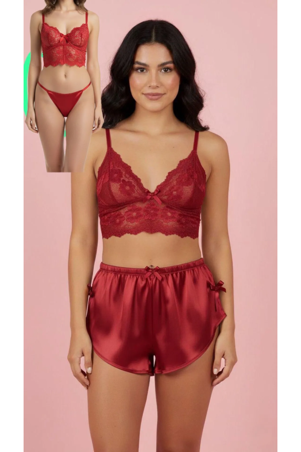 Love Secret Üçlü Şortlu Takım Bordo