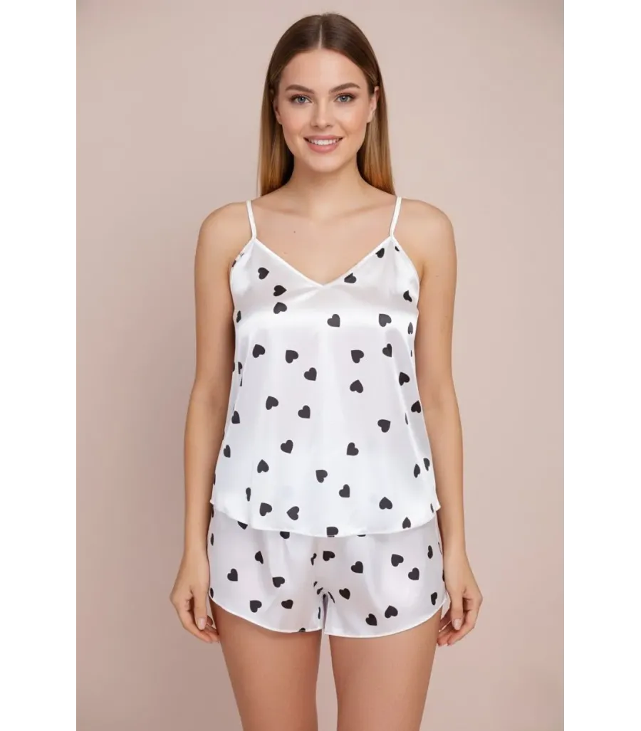 Love Secret Saten Şortlu Takım Beyaz Kalpli