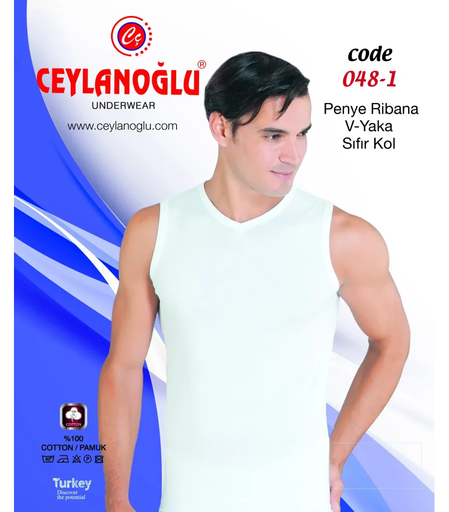 Ceylanoğlu Beyaz Ribana O-kol V-yaka Beyaz