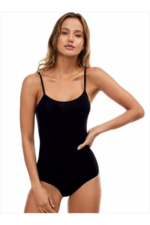 Toptan Kadın ip Askılı Penye Çıtçıtlı Body Siyah