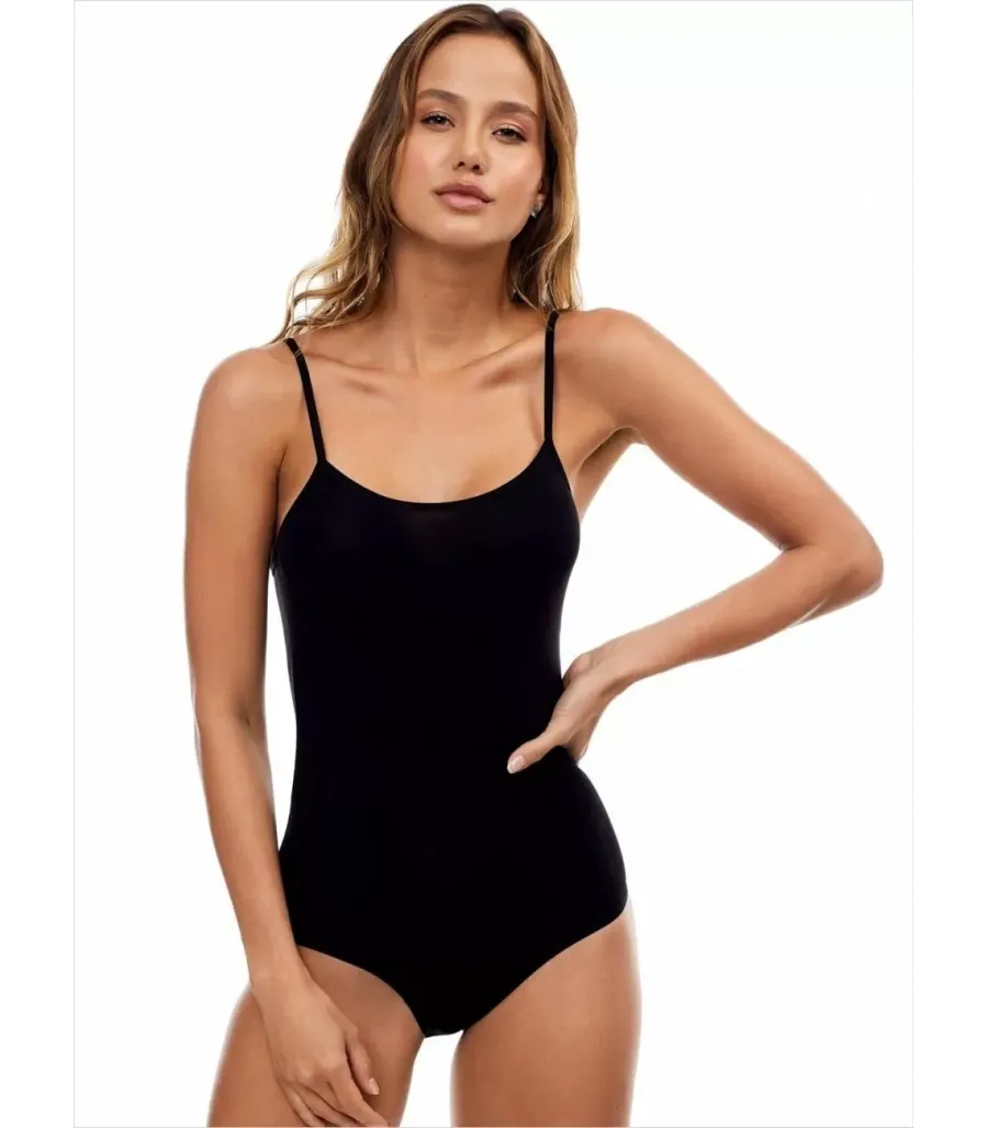 Toptan Kadın ip Askılı Penye Çıtçıtlı Body Siyah