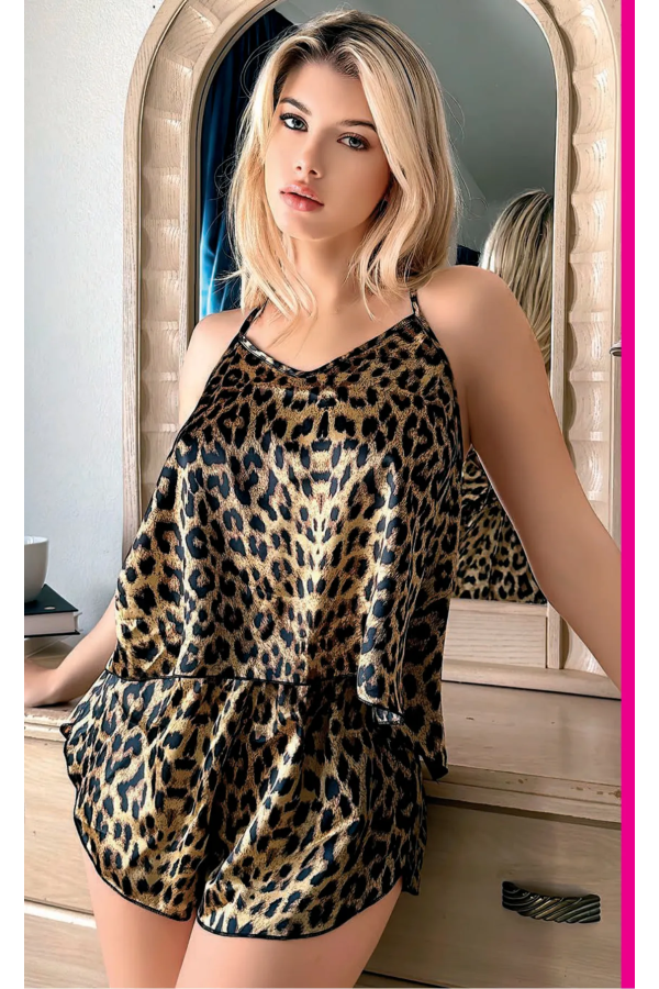 Nightlight Leopar Desenli Askılı Şortlu Saten Takım 3744