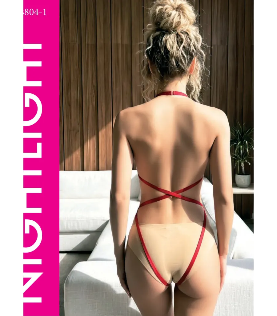 Nightlight Kırmızı Örgü Detaylı Choker Body Harness 8804-1
