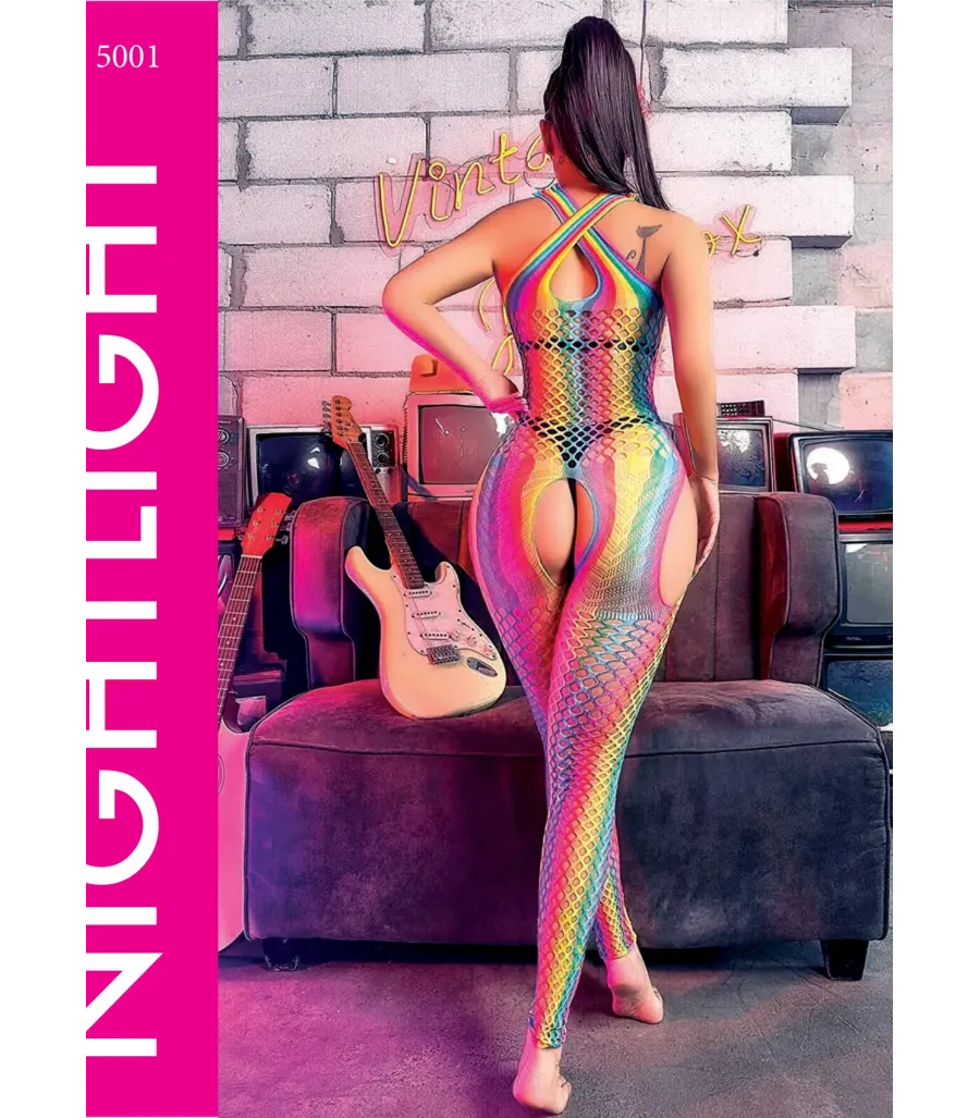 Nightlight Gökkuşağı Renkli File Çapraz Askılı Body Çorap 5001