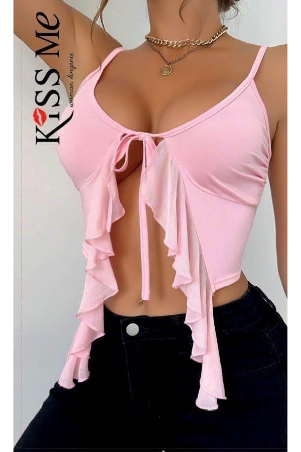 Kiss Me Fisto Detaylı Bağlamalı Pembe Bluz