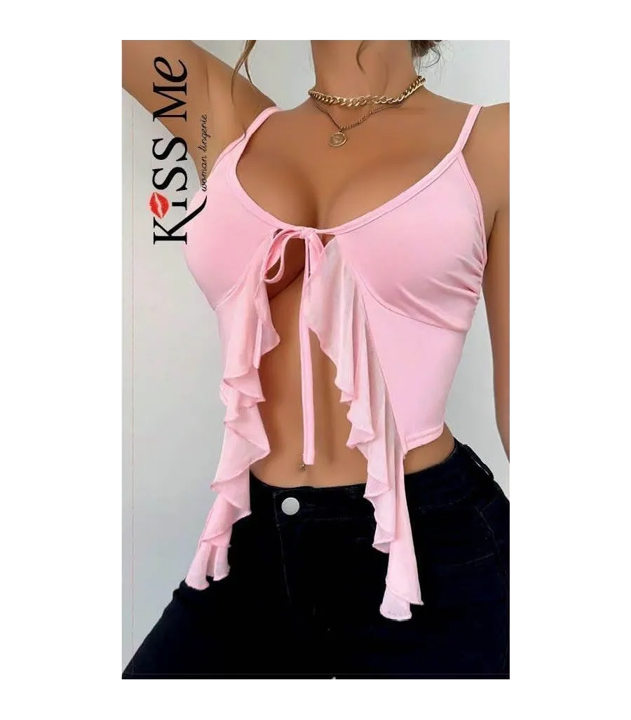 Kiss Me Fisto Detaylı Bağlamalı Pembe Bluz