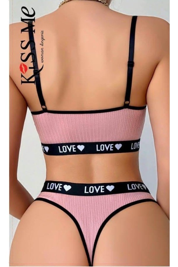 Kiss Me Love Yazılı Pudra Pembe Sütyen Külot Takımı