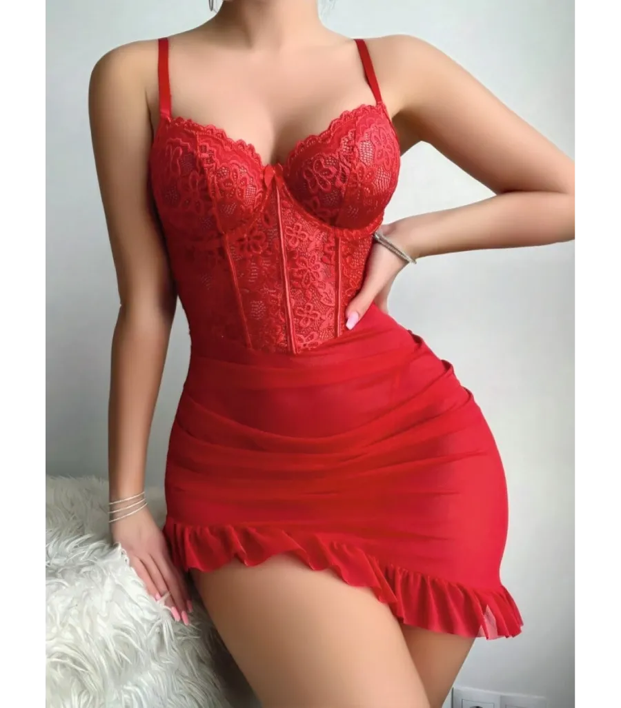 Ruselin Kırmızı Dantelli Fırfırlı Etek Gecelik 2303