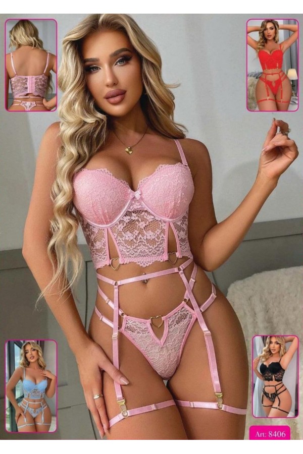 New Dreams Dantelli Bağcıklı Jartiyerli Sütyen Takımı