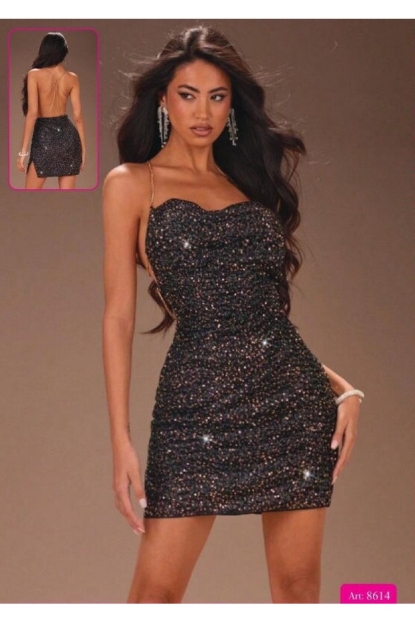 New Dreams Siyah Simli Straplez Mini Elbise