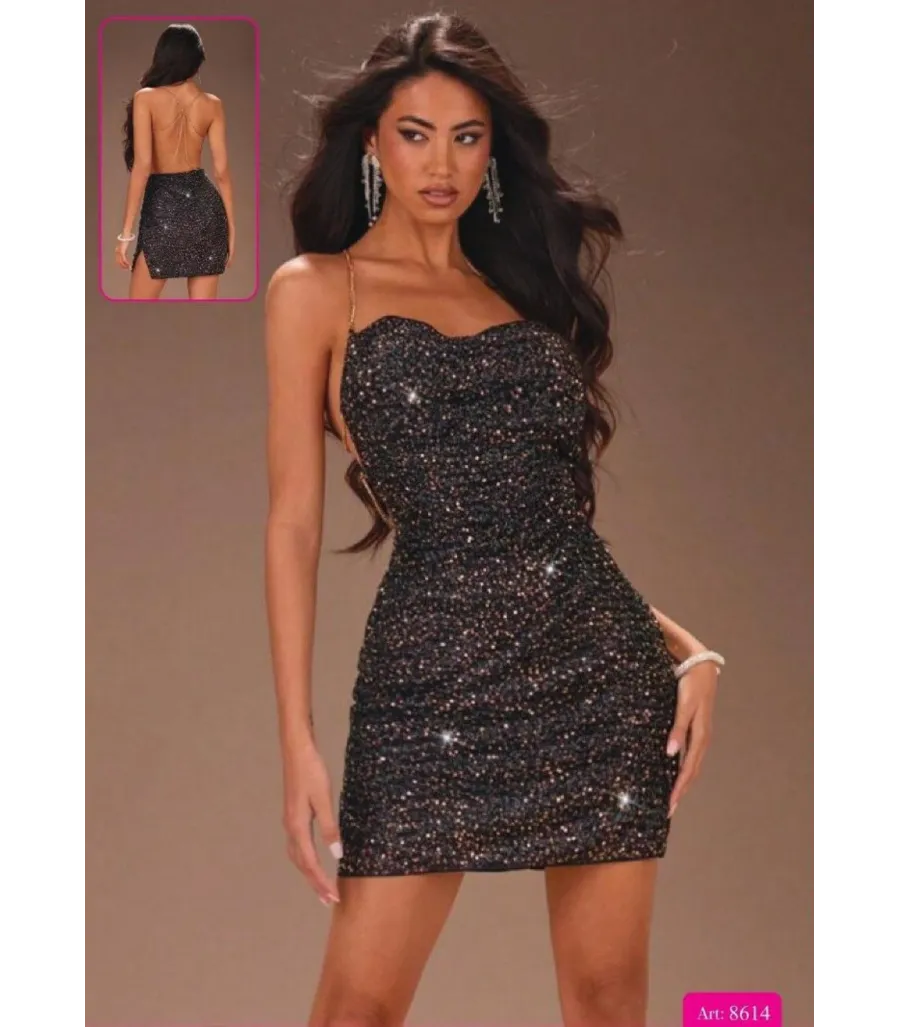 New Dreams Siyah Simli Straplez Mini Elbise