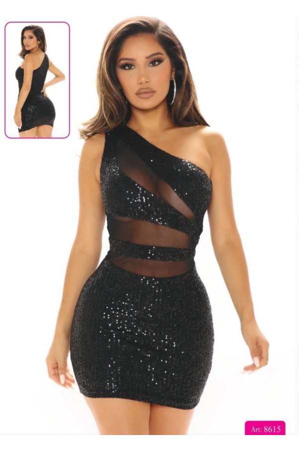 New Dreams Siyah Simli Tek Omuz Mini Elbise