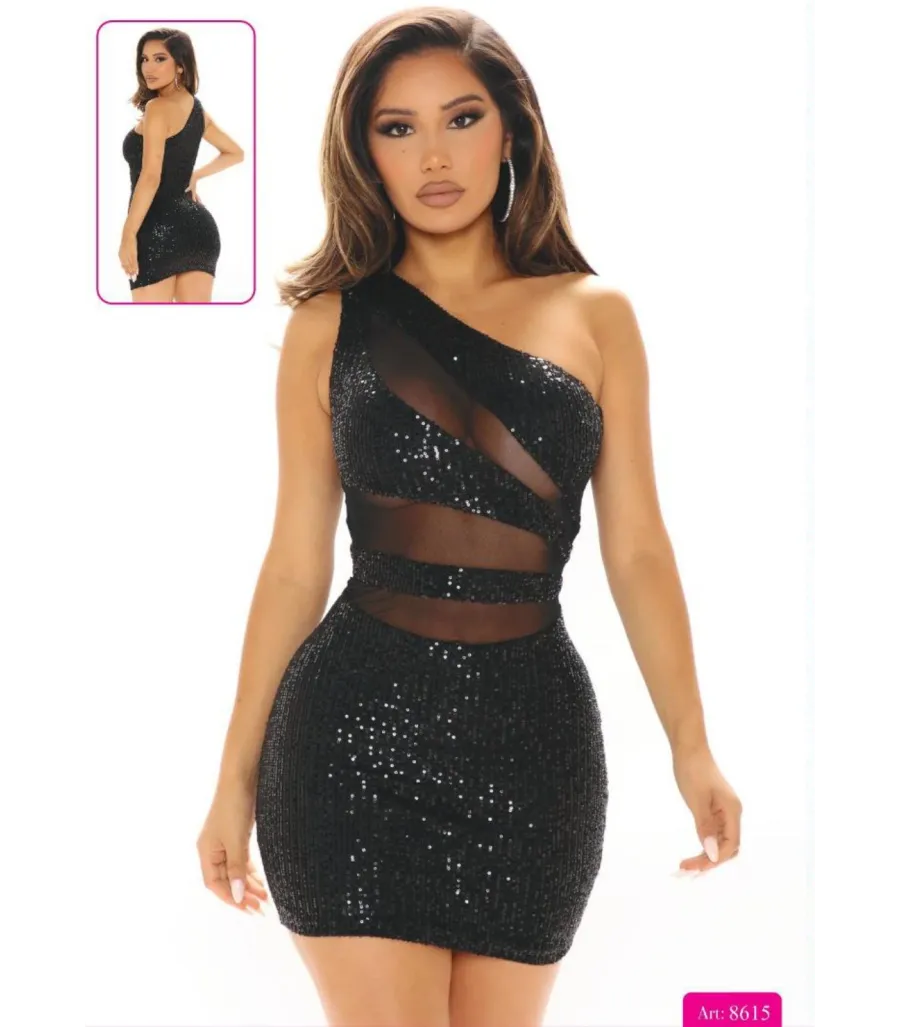 New Dreams Siyah Simli Tek Omuz Mini Elbise