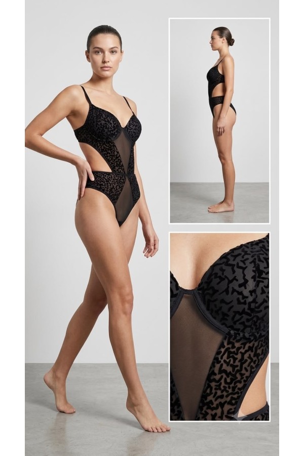 Mis Nergiz Desteklimartı Desenli Deri Bodysuit Siyah