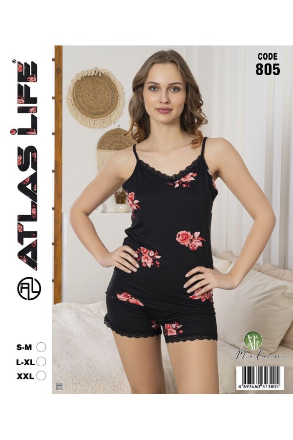 Toptan Atlas Life Askılı Şortlu Pijama Takımı Siyah Gül Desenli
