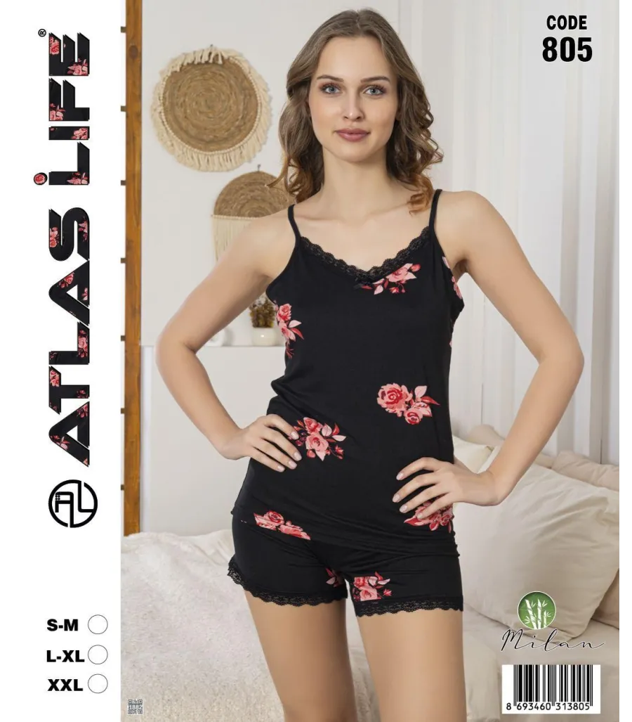 Toptan Atlas Life Askılı Şortlu Pijama Takımı Siyah Gül Desenli