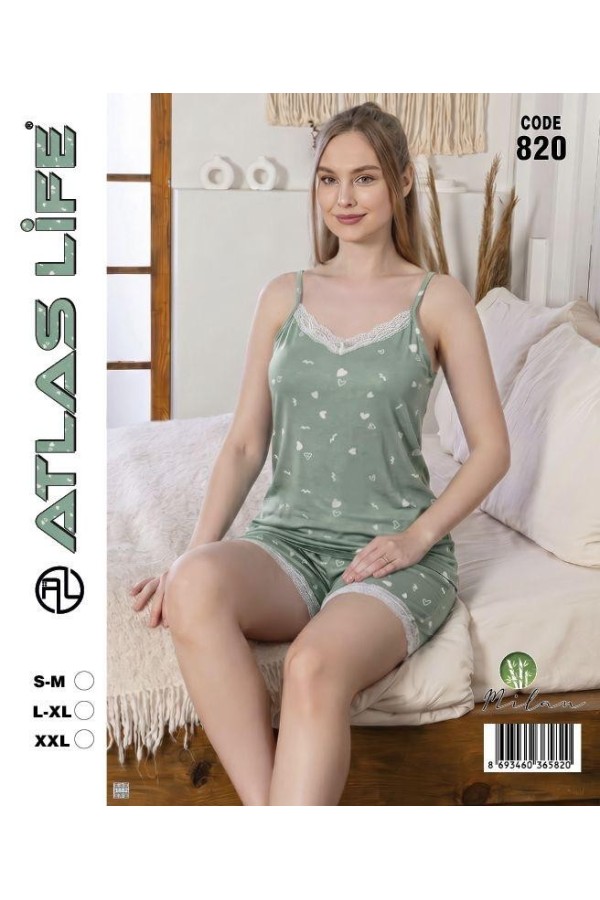 Toptan Atlas Life Askılı Şortlu Pijama Takımı Yeşil Puantiyeli