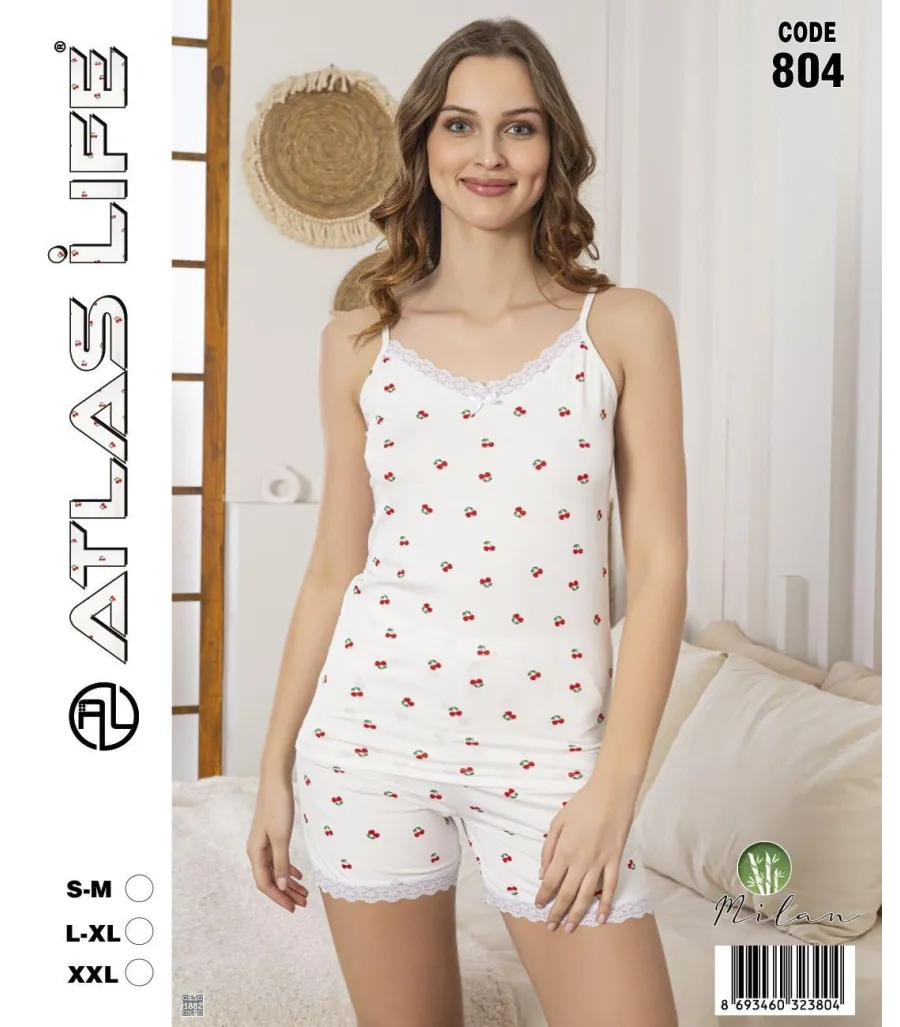 Toptan Atlas Life Askılı Şortlu Pijama Takımı Beyaz Kırmızı Kalp Desenli