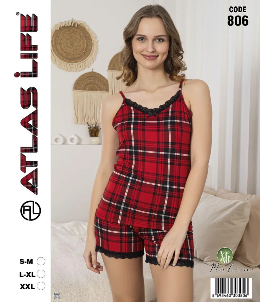 Toptan Atlas Life Askılı Şortlu Pijama Takımı Kırmızı Ekose